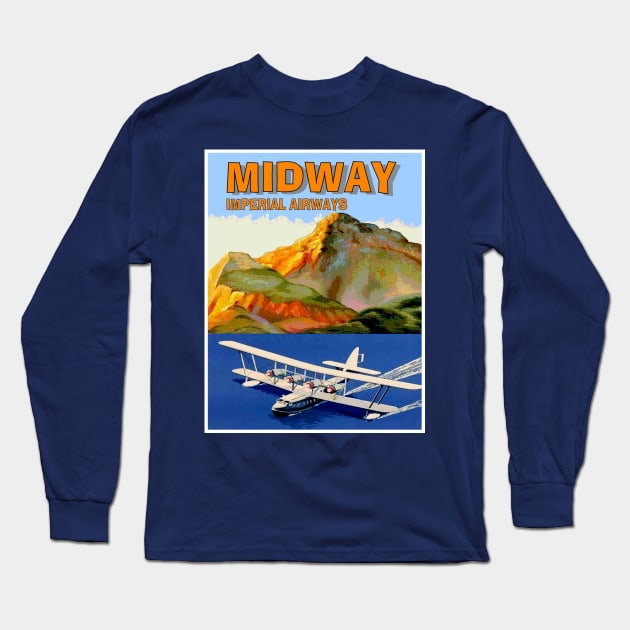 Imperial Airways Vintage Fly to Midway Travel Poster Print Long Sleeve T-Shirt by posterbobs